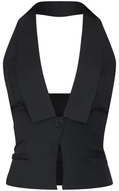 Black Vest Style Halterneck Top