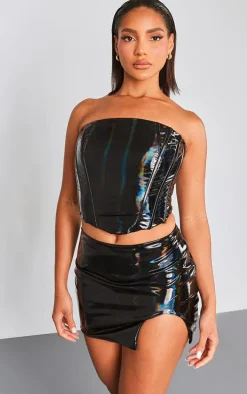 Black Vinyl Bandeau Top And Mini Skirt Set