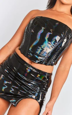 Black Vinyl Bandeau Top And Mini Skirt Set