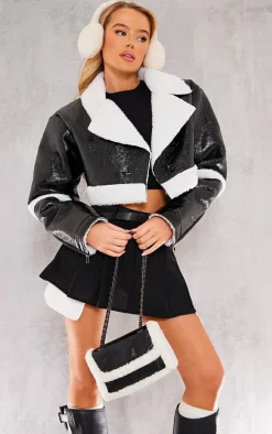 Black Vinyl Borg Cropped Coat
