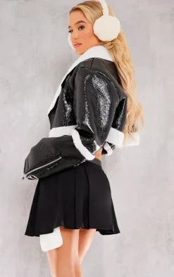 Black Vinyl Borg Cropped Coat