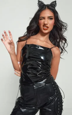 Black Vinyl Fitted Spaghetti Strap Sleeveless Long Top