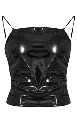 Black Vinyl Fitted Spaghetti Strap Sleeveless Long Top
