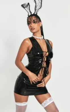 Black Vinyl Plunge Lace Up Sleeveless Long Top