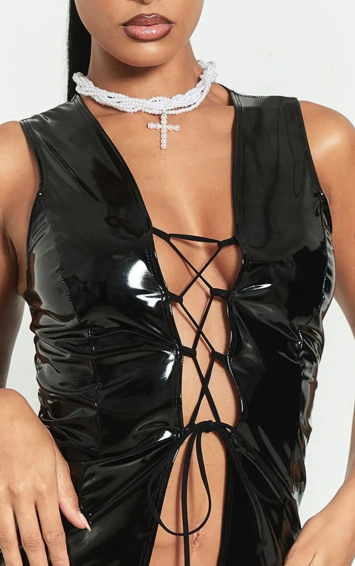 Black Vinyl Plunge Lace Up Sleeveless Long Top