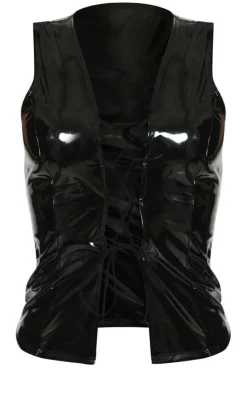 Black Vinyl Plunge Lace Up Sleeveless Long Top