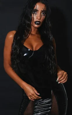 Black Vinyl Strappy Bodycon Fishnet Insert Dress