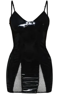 Black Vinyl Strappy Bodycon Fishnet Insert Dress