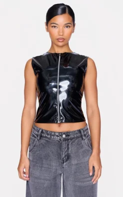Black Vinyl Zip Up Sleeveless Long Top