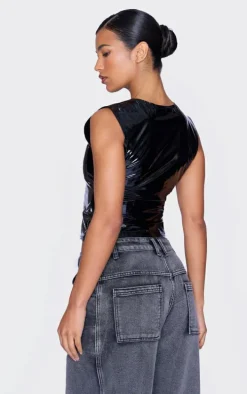 Black Vinyl Zip Up Sleeveless Long Top