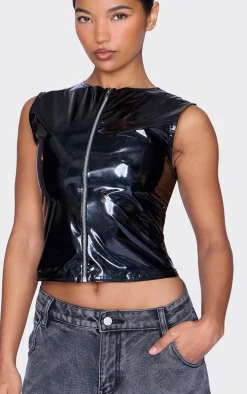 Black Vinyl Zip Up Sleeveless Long Top