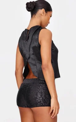 Black Waistband Detail Sequin Mini Shorts