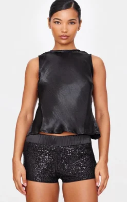 Black Waistband Detail Sequin Mini Shorts