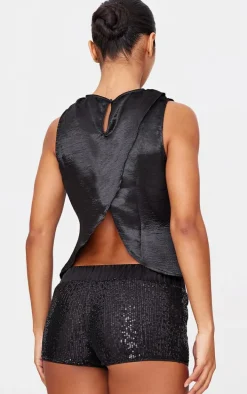 Black Waistband Detail Sequin Mini Shorts
