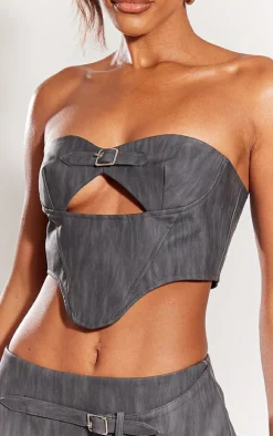 Black Washed Faux Leather Buckle Detail Top