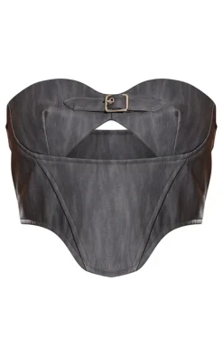 Black Washed Faux Leather Buckle Detail Top