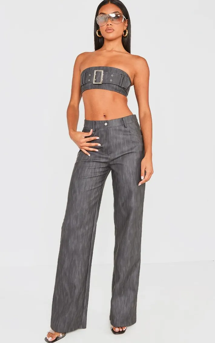 Black Washed Faux Leather Belted Straight Leg Pants