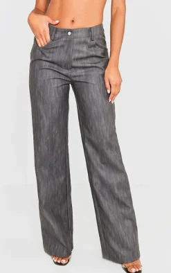 Black Washed Faux Leather Belted Straight Leg Pants