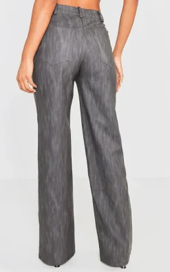 Black Washed Faux Leather Belted Straight Leg Pants