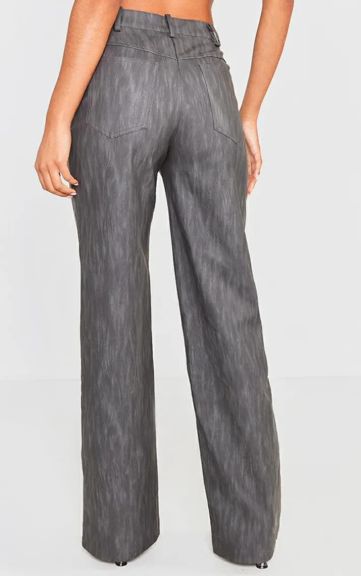 Black Washed Faux Leather Belted Straight Leg Pants