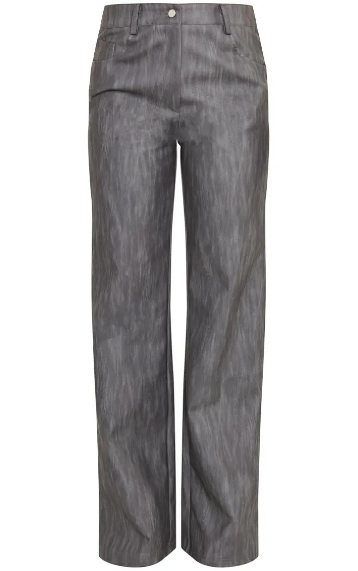 Black Washed Faux Leather Belted Straight Leg Pants