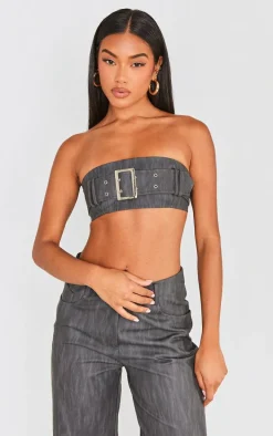 Black Washed Faux Leather Belted Micro Bandeau