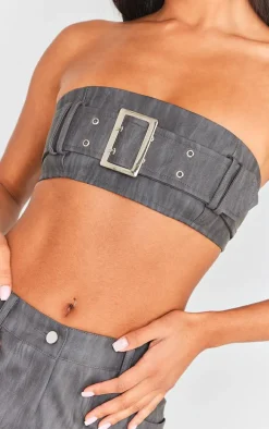 Black Washed Faux Leather Belted Micro Bandeau