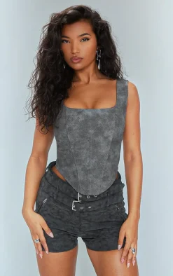 Black Washed Faux Leather Boned Corset