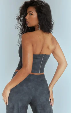 Black Washed Faux Leather Seam Detail Bandeau Corset