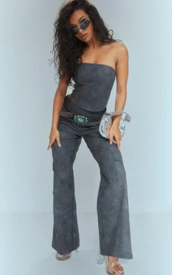 Black Washed Faux Leather Seam Detail Bandeau Corset