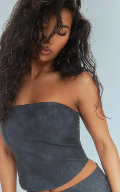 Black Washed Faux Leather Seam Detail Bandeau Corset