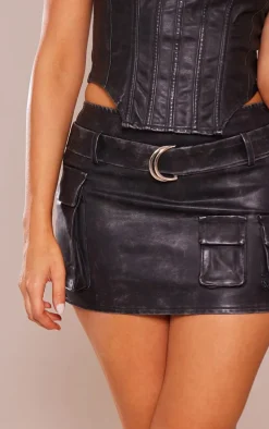 Black Washed Faux Leather Cargo Micro Mini Skirt