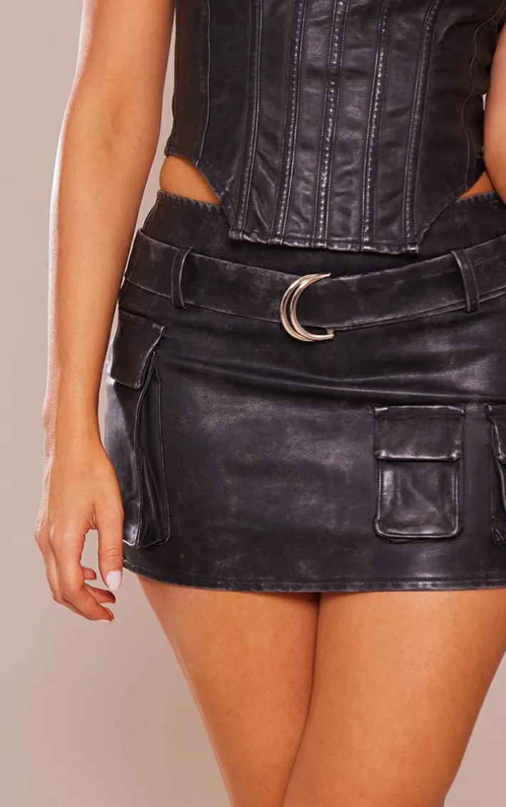 Black Washed Faux Leather Cargo Micro Mini Skirt