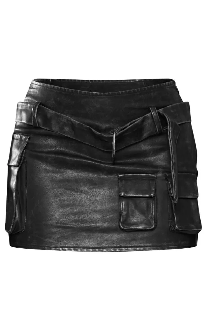 Black Washed Faux Leather Cargo Micro Mini Skirt