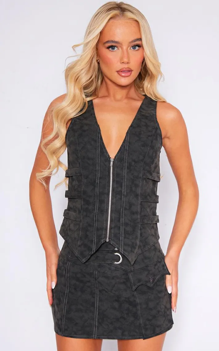 Black Washed Faux Leather Strap Detail Wrap Over Micro Mini Skirt