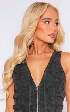 Black Washed Faux Leather Strap Detail Wrap Over Micro Mini Skirt