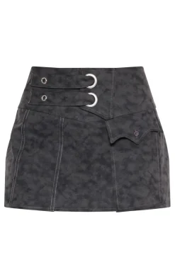 Black Washed Faux Leather Strap Detail Wrap Over Micro Mini Skirt
