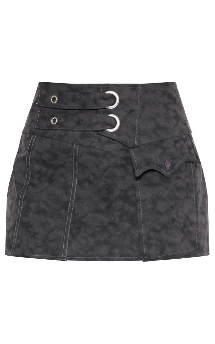 Black Washed Faux Leather Strap Detail Wrap Over Micro Mini Skirt