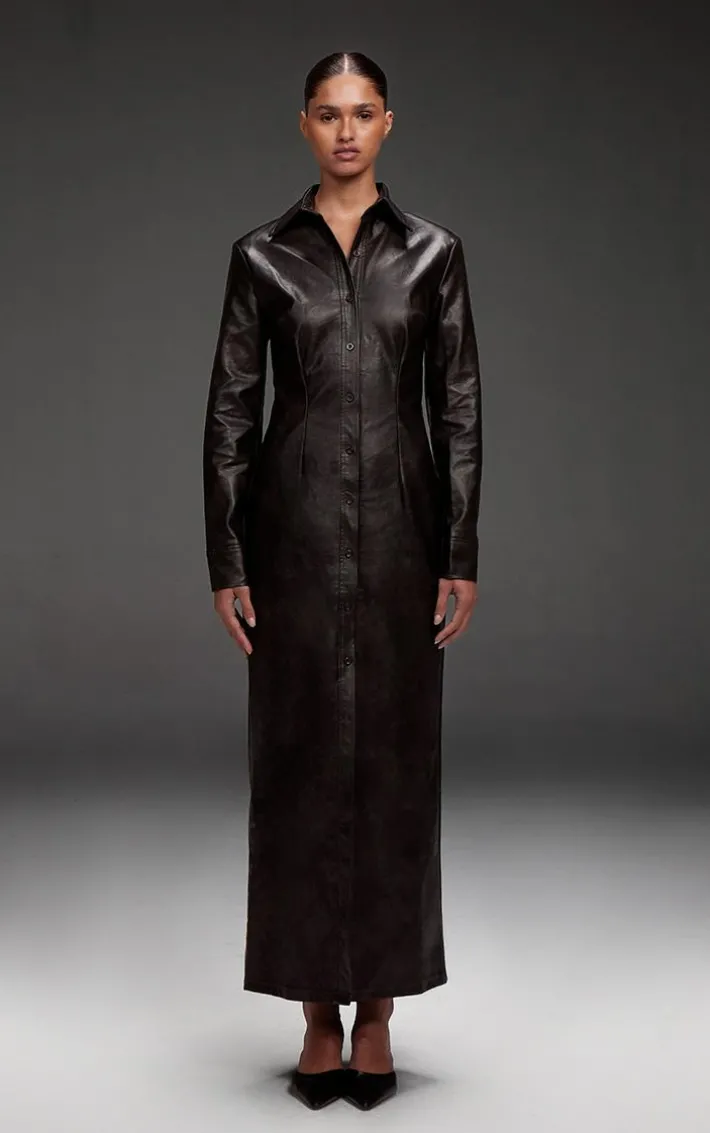 Black Washed Faux Leather Button Up Maxi Dress