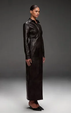 Black Washed Faux Leather Button Up Maxi Dress