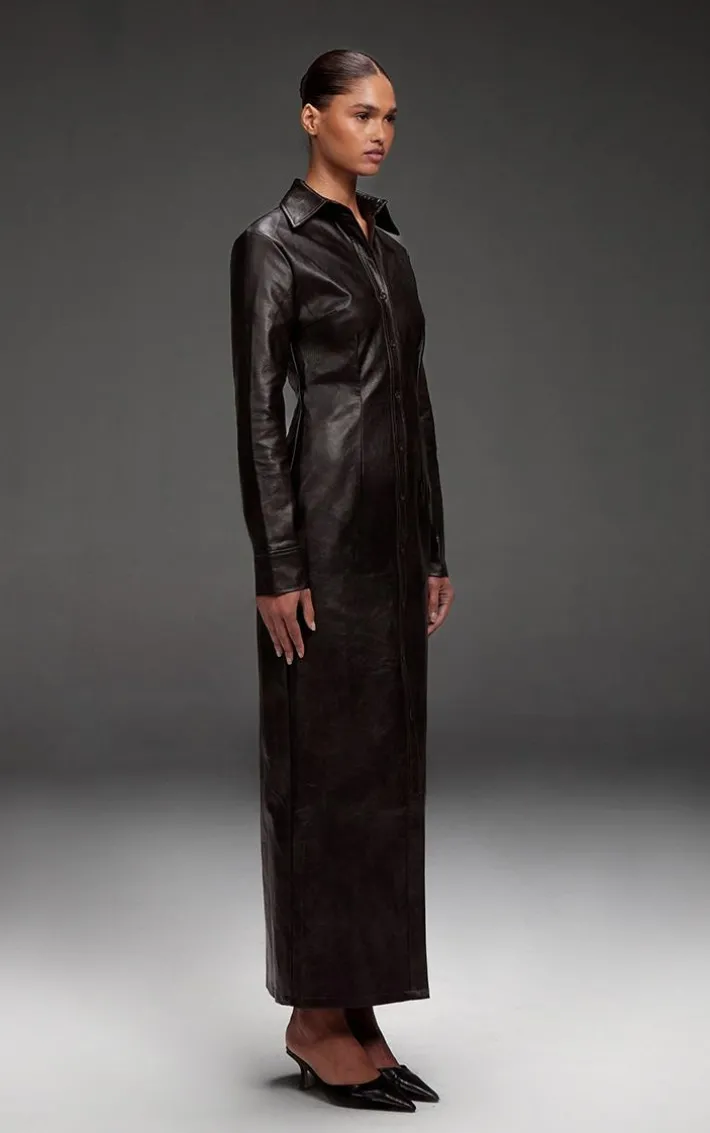 Black Washed Faux Leather Button Up Maxi Dress