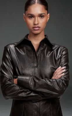 Black Washed Faux Leather Button Up Maxi Dress