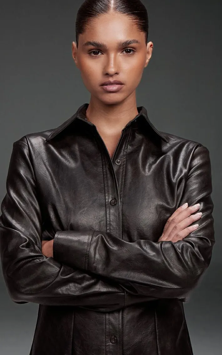 Black Washed Faux Leather Button Up Maxi Dress