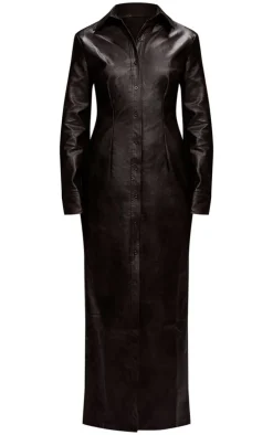 Black Washed Faux Leather Button Up Maxi Dress