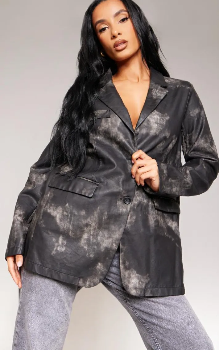 Black Washed PU Pocket Oversized Blazer
