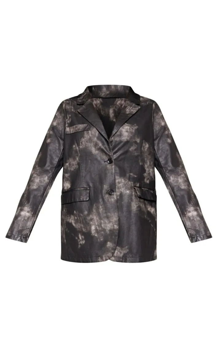 Black Washed PU Pocket Oversized Blazer