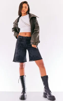 Black Washed Twill Oversized Raw Hem Long Shorts