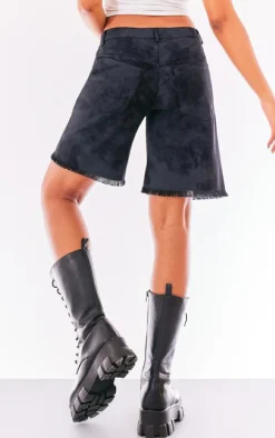 Black Washed Twill Oversized Raw Hem Long Shorts