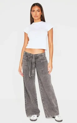 Black Washed Twill Tie Belt Detail Wide Leg Pants