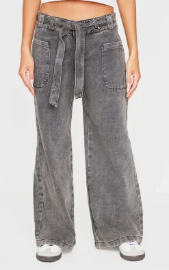 Black Washed Twill Tie Belt Detail Wide Leg Pants